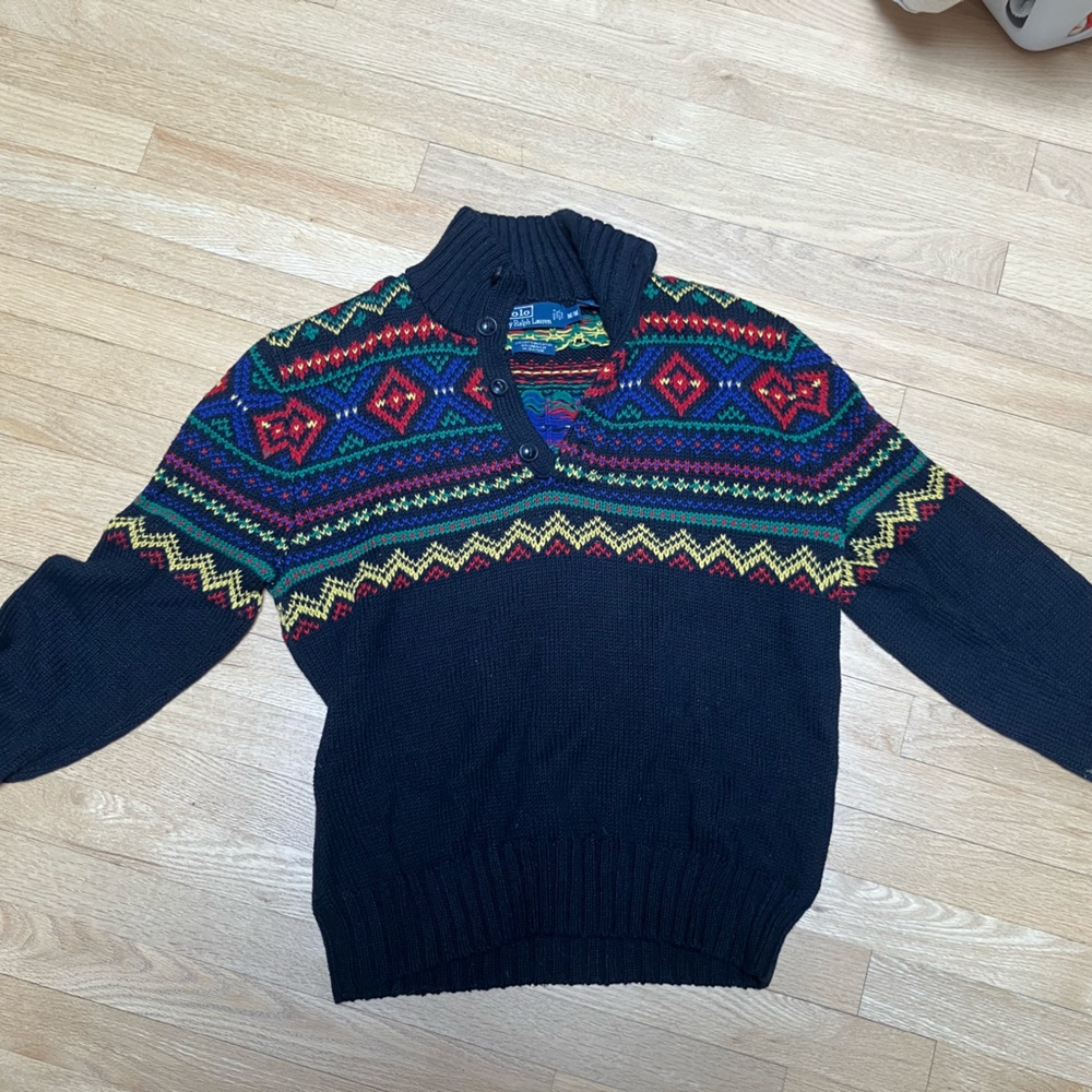 Polo by Ralph Lauren Black Sweater with Multicolor Fair Isle Yoke